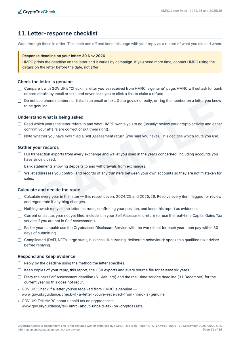 Letter-response checklist — page from the sample report