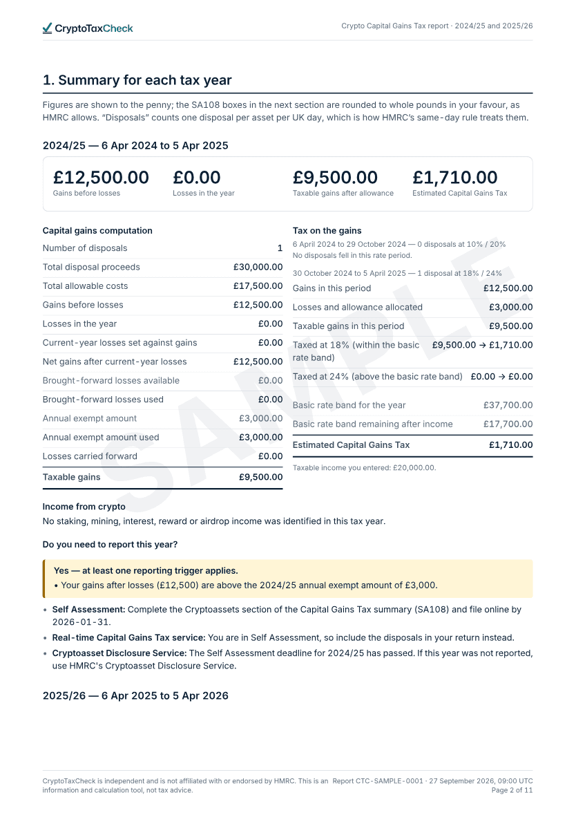Summary for each tax year — page from the sample report